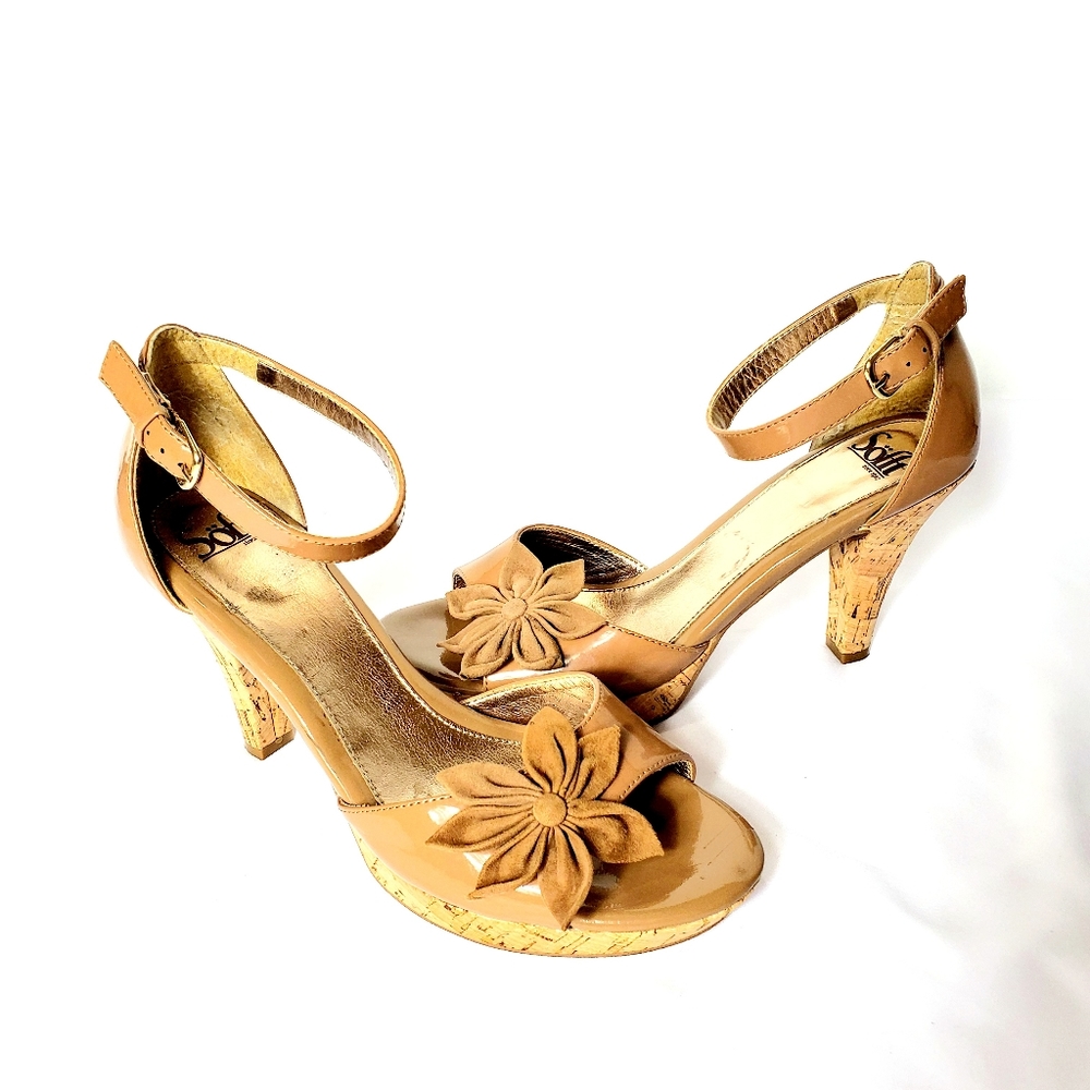 Sofft Nude Cork Heel Patent Leather Sandals